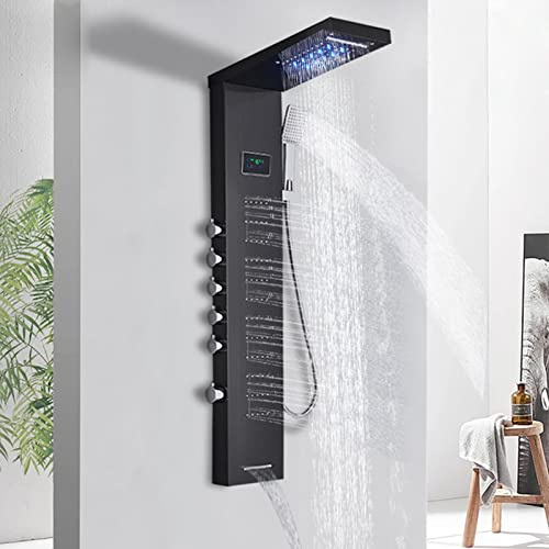 LED Shower Panel Tower System Black, Shower Column with Digital Display, Multi Function Shower System with Rainfall, Waterfall, Massage, Hand Shower, Tub Spout, Bath Shower Mixer Tap LWX