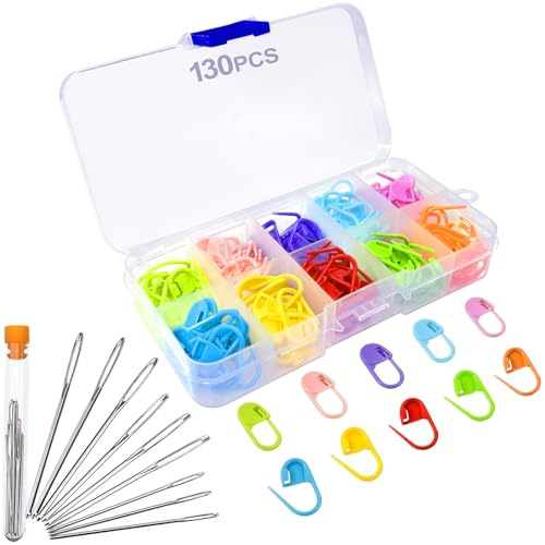 Redamancy 130 Pièces Marque Maille Crochet, Accessoire Crochet, 10 Couleurs Marqueur Tricot, 9 Aiguilles avec Grand Chas, et Boîte de Rangement, Anneau Marqueur Tricot pour Crocheté et Projets Tricot