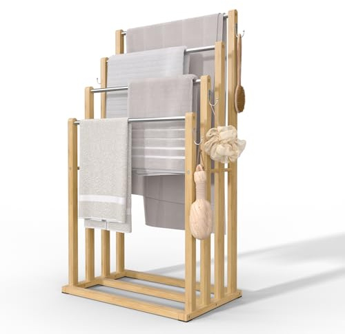 VOUNOT® Toallero de Pie Bambú 4 Niveles Toallero Escalera con 4 Barras y Ganchos para Colgar Toallas Portatoallas Múltiple 45x28x92cm Soporte y Estante de Secado de Toallas para Baño Aseo Lavadero