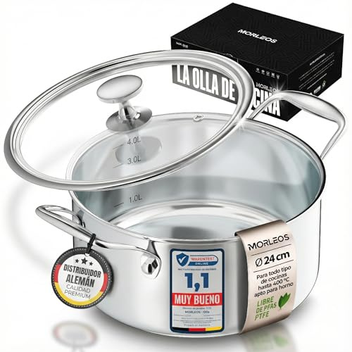 Morleos Olla para sopa de 24 cm de diámetro, 4,7 l, 2,5 kg, altura 12 cm, olla de acero inoxidable apta para inducción, apta para lavavajillas, moderna tapa de cristal plana, 5 capas, olla pequeña de