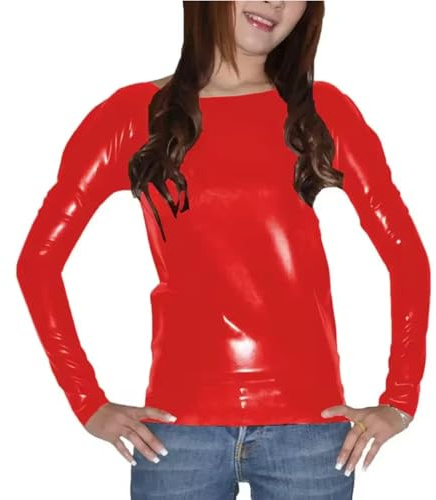 KYXSPINWARDPV Plus Size långärmad PVC läder T-shirts för kvinnor vardaglig stretchig bodycon toppar anpassningsbar, Röd, 7XL