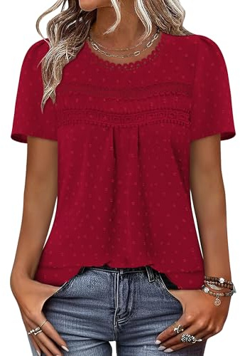 BETTE BOUTIK Western Boho Womens Shirts Dressy Business Casual Summer Blouses Bohemian Chiffon Short Sleeve Flowy Loose Tops Cute Western Lace Chic Tunics Bright Red M