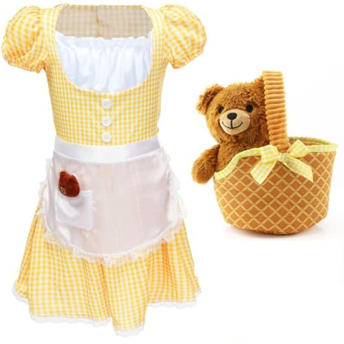 Girls Porridge Girl Costume & Soft Bear & Basket - XL - Yellow Gingham Fairytale Dress with White Apron and Plush Bear Accessory - Classic Goldilocks Storybook Character Fancy Dress World Book Day