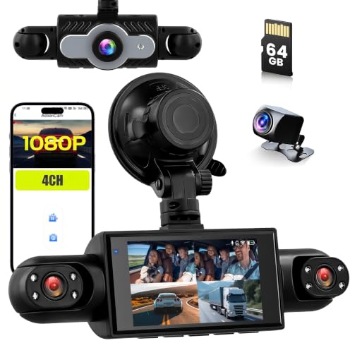 Inefala 4 Canali Dashcam Auto, 360 Gradi Dash Cam 1080P anteriore posteriore interna sinistra e destra, Telecamera per Auto con Scheda SD 64 GB, visione notturna, grandangolo, registrazione in loop