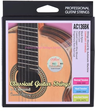 Jectse Svart Nylon, Klassiska Gitarrsträngar, Hård Spänning 6st Set, Gitarrsträngar för Standardstämning, Akustiska med Gratis G-3:e Sträng