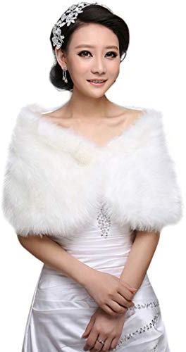 YO-HAPPY Femmes Châle, Femmes Blanc Fausse Fourrure De Mariée Wrap Étole Châle Cape De Mariage Artificielle Perle Boule Embellissement Veste d'hiver Manteau Shrug