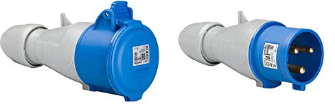 Legrand, CEE-Kupplung, 32A blau 3-polig (2P+PE), 6h (230V/16A), Schutzart IP44, IK09, 090106 & CEE 32A Stecker, blau 3-polig (2P+PE), 6h (230V/32A), Schutzart IP44, IK09, 090107