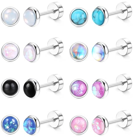 Chriscoco Hypoallergenic Flat Back Earrings for Women - Small Surgical Steel Nap Sleeper Studs - Cute Opal Turquoise Moonstone - Cartilage Helix Tragus Piercing - Silver 20G