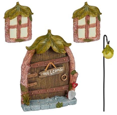 Relaxdays Feentür, 4-TLG. Set, 2 Wichtelfenster, 1 Wichtellicht, wetterfeste Gartendeko, Wichteltür, Kunststein, bunt