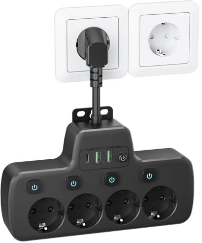 Ciabatta Elettrica con Interruttore, Ciabatta Multipresa con 4 Presa e 3 USB Carica,Presa Multipla Salvaspazio con Interruttori Indipendenti,4 Posti Multipresa Schuko da Parete 0,1M Cavo Corto,Nero
