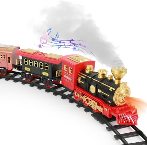 Dampfeisenbahn-Spielzeug,Eisenbahnspielzeug für Kinder mit Rauch,Licht&Sound,Schienen,Spielzeugeisenbahn mit Dampflokomotive,Güterwagen& Schienen,Weihnachtszugspielzeug Geschenke (A)