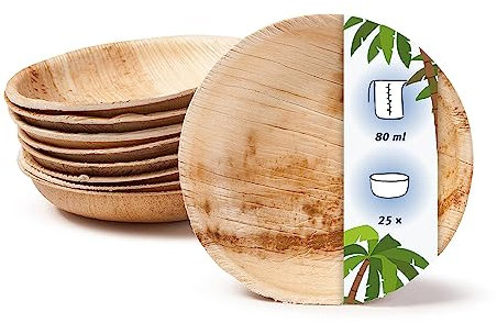 onlyleaf Palmware Bols snack set I 25 pièces bio bols jetables ronds 80ml, Ø10cm I Vaisselle fête compostable et biodégradable I Feuilles de palmier vaisselle jetable pour fingerfood dips buffet