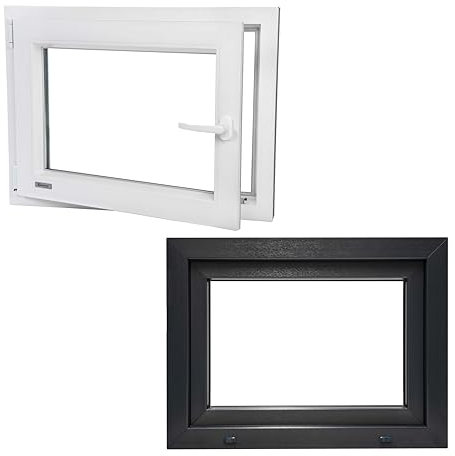 Kunststofffenster PVC Wärmedämmend Fenster Garagenfenster Kellerfenster Billig Günstig Alupl Neo Energeto Dreh Kipp 2-Fach Verglasung Innen Weiss Außen Anthrazit 60x115cm 600x1150mm DIN Links Herstell