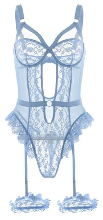 Satohom Mujer Sexy Conjunto Lencería con Ligueros Una Pieza Encaje Push Up Body Eróticas Picardias Ropa Interior Transparente Pijama sin Tanga Hueco Teddy Babydoll Floral Valentín Lingerie