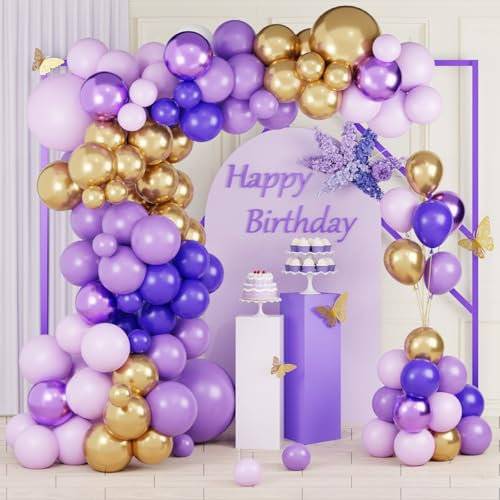 Kit Arco Palloncini Viola, 114Pz Palloncini Compleanno, Palloncini Lilla, Palloncini Oro, Arco Palloncini Lilla Pastello Con Dorati Per Decorazioni Compleanno, Baby Shower, Matrimonio, Battesimo Bimbo