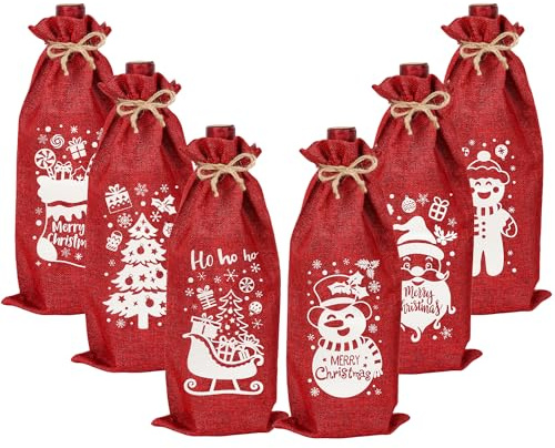 DERAYEE Sac à Bouteilles de Vin en Lin Bordeaux pour Noël 6PCS - Emballage Cadeau pour Bouteille