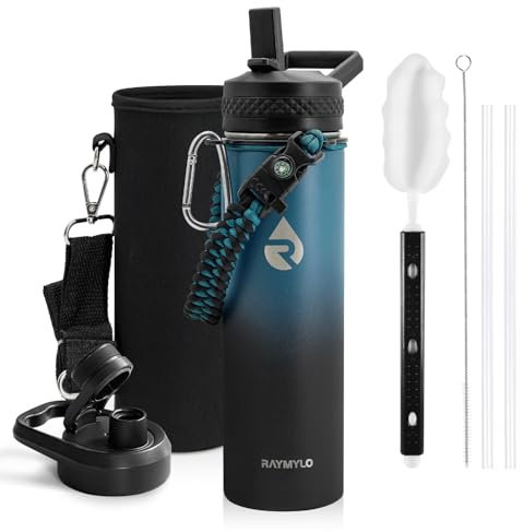RAYMYLO Insulated Stainless Steel Water Bottle with Straw & Spout Lids, 590 ml Leak Proof Metal Water Flask Jug for Sports and Travel, BPA-Free, Keeps Cold for 48 Hrs, Hot for 24 Hrs