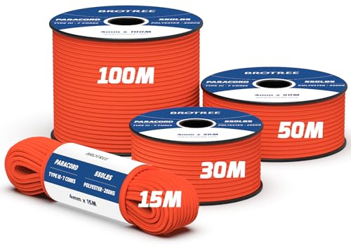Brotree 550 Paracord 4mm 50m 100% Polyesterrep 7 Trådar Fallskärmslina Typ III Snöre Sladd för Utomhus, Camping, Hundkoppel, Överlevnad, Hantverk - 250kg Brottlast (Neonorange)