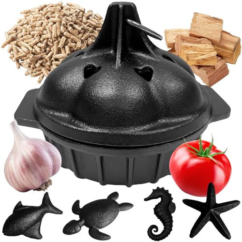 UKENEM Petit fumoir en fonte pour gril et poisson en fonte, tortue de mer, hippocampe, étoile de mer, combiné en fer naturel, rôtissoire à l'ail, améliore la saveur de la sauce au beurre et à l'ail,