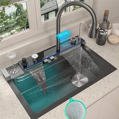 Faizee Home Wasserfall-Küchenspüle 75x45 cm – 1 Becken Nano Edelstahlspüle Schwarz mit Sprudelwasserhahn, 4-fach Armatur, Überlauf, Siphon, Ablaufgarnitur – modernes Spülbecken mit Zubehör