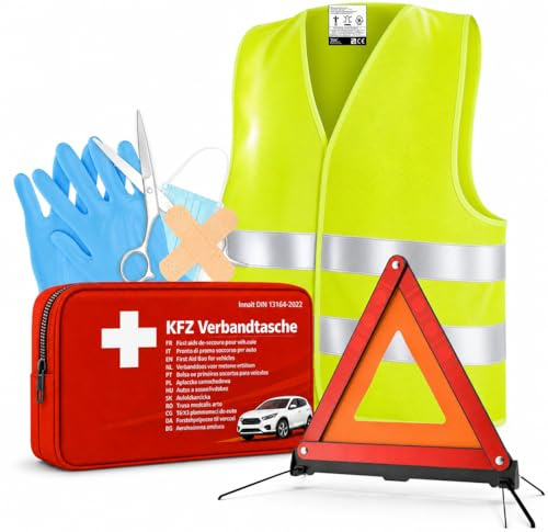 3 in 1 Pannenset 2026 - Auto Erste Hilfe Set mit Warndreieck, Warnweste & Verbandskasten - KFZ Autozubehör nach aktueller Norm geprüft (3 in 1 - KFZ SET)