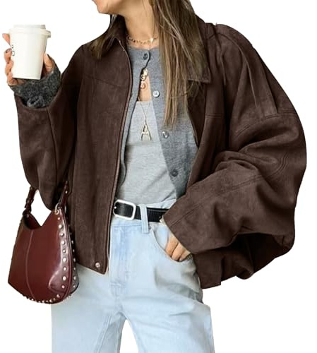 HOTIAN Women's Faux Suede Bomber Jacket Zipper Pilot Coat Casual Lapel Oversized Long Sleeves Y2K Outerwear Coats