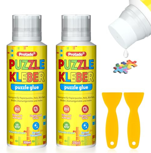 Protado Jigsaw Puzzle Glue, 2-Pack Clear Sealer for Paper and Wood Puzzles | Water-based PVA formula with scraper dries clear in 1-2 hours for puzzles up to 5000 pieces, diamond paintings and crafts