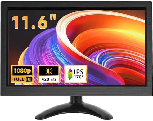 podofo Monitor portátil de 11.6 Pulgadas 1920 * 1080P HD LCD, Mini Monitor para PC, Vigilancia, Ordenador, Raspberry Pi con HDMI/VGA/BNC/AV/Altavoz Incorporado/VESA, 12-24V