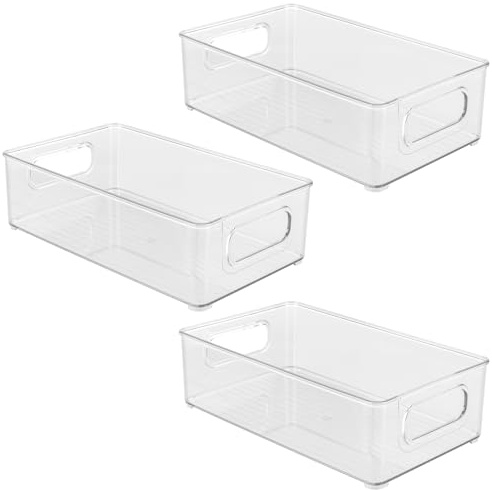 ZOENHOU 3-pack Kylskåpsorganisatör Stapelbara 25,5x15x7,6 cm, kylskåpslåda med handtag - Transparenta förvaringslådor för köksskåp, frys, skafferi, livsmedel och grönsaker