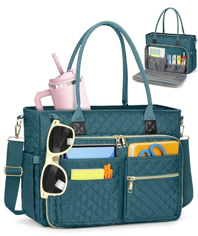 RAINSMORE Women's 17.3 inch Large Capacity Laptop Tote Bag with Insulated Pockets, Teacher/Work/Nurse Bag, Dark Green