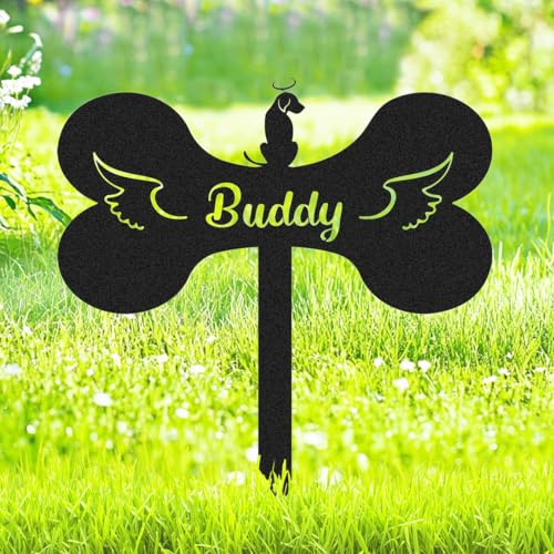 Personalized Dog Memorial Grave Marker for Outdoors Garden Cemetery Decorations, Custom Metal Bone Dog Memorial Stake, Customized Memorial Sign Grave Plaque Garden Stake with Wings