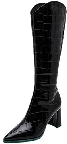 Stivali da Donna Stivali Alti al Ginocchio da Donna Scarpe Autunnali e Invernali Pompa da Moto in Pelle Pu Stivali con Tacco Spesso da Donna