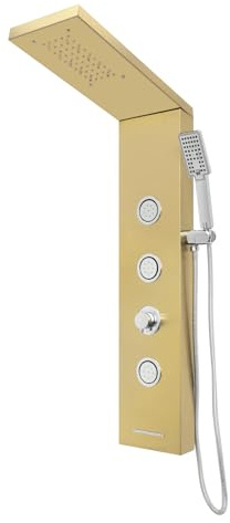 JAYEUW LED Duschpaneel mit Handbrause Duschsäule aus Edelstahl Regen, 3 Massagedüsen, Handbrause und Wanneneinlauf Wandmontage Blaue LED-Beleuchtung G1/2 (Gold)