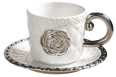 fanquare Stile Moderno Set di Tazza e Piattino in Porcellana con Rose in Argento,300ml Set Tazza da Tè Rilievo Intrecciato Tazzine da Caffè per Espresso Cappuccino Ideale per Regalo Casa e Ufficio