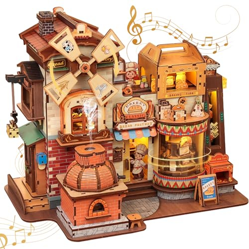 CUTEBEE Kit Maquette en Bois 3D – Boîte à Musique DIY | Diorama LED avec Brouillard atomisé, Rotation 360° et Alimentation Type-C | Décoration & Cadeau pour Adolescents 14+ et Adultes (Bread Factory)