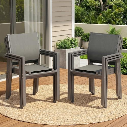 LIFERUN Lot de 6 chaises de Jardin empilables, chaises d'extérieur, 6 PCS | jusqu'à 120 kg, Chaise de Salle à Manger en métal et Teslin, Respirant avec accoudoirs, pour jardin, piscine, terrasse, Gris