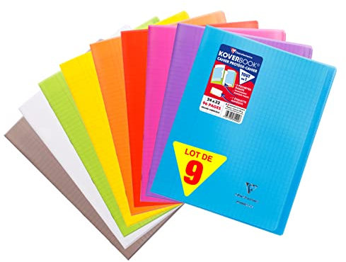 Clairefontaine 981490AMZC Lot de 9 Cahiers Agrafés Koverbook - 24x32 cm - 96 Pages Grands Carreaux Papier Blanc 90g Couverture Polypro (Bleu, Rouge, Vert, Jaune, Violet, Gris, Orange, Rose, Incolore)