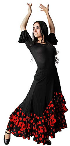 Gojoy shop- Falda Profesional de Lunares para Baile Danza Flamenco o Sevillanas para Mujer con 3 Volantes (L, Rojo)