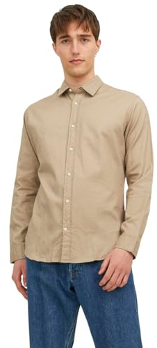 JACK & JONES Mens Jjegingham Twill L/S Noos Shirt, Crockery/Detail:/Solid/Slim Fit, S EU