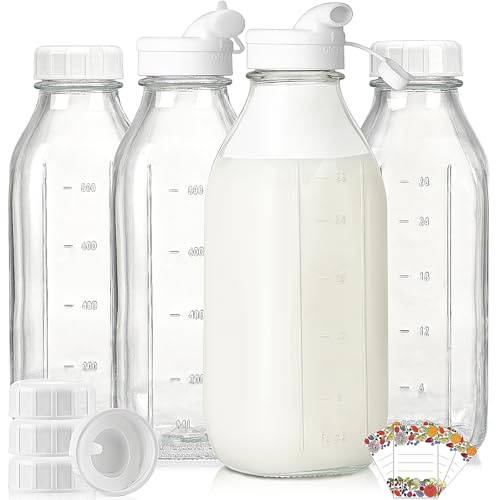 4 Pack 1 Liter Glass Milk Bottles w Scale, 100% Airtight Heavy Duty Screw Lid - 32 Oz Drinking Jars w 2 Pour Spouts - Glass Bottles for Milk, Honey, Jam, Creamer - Dishwasher Safe(Extra 2 Lids)