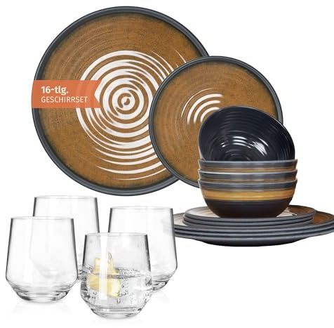 Melamin campingservis set för 4 personer Stone Curry + 4 Milano-glas vattenglas porslin picknick BBQ köksredskap