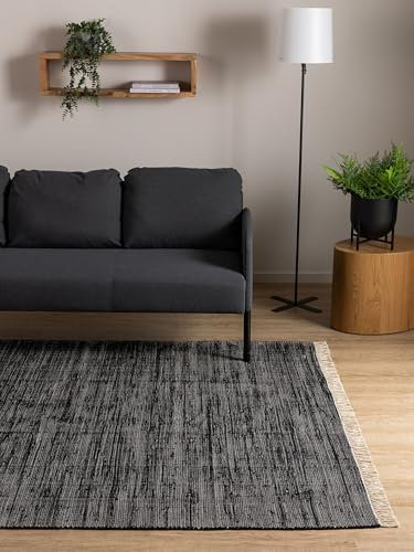 Interiyou Toledo Alfombra de algodón – 80 x 150 cm Negro – Alfombra tejida a mano con flecos para salón, dormitorio, habitación infantil, comedor, cocina o pasillo