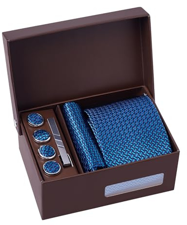 BRERA 67 - Set Cravatta Uomo Elegante | 5 Pezzi: Cravatta, Fazzoletto, Gemelli, Copribottoni, Fermacravatta | Made in Italy | Versatile per Ogni Occasione, Blu Chiaro, Taglia Unica, Metallo