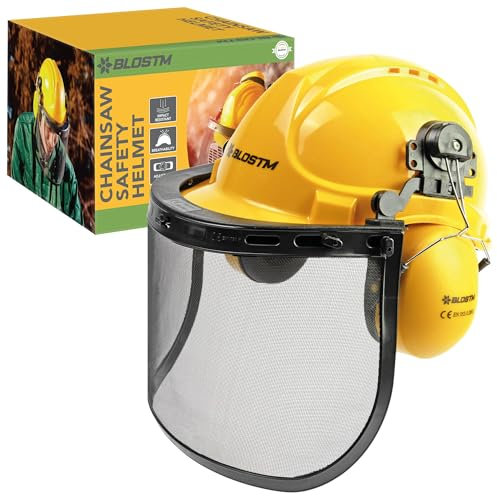 BLOSTM Kettensägen-Sicherheitshelm mit Visier, gelber Kettensägenhelm mit Sicherheitsvisier, integrierten Ohrenschützern und Stahlgittervisier