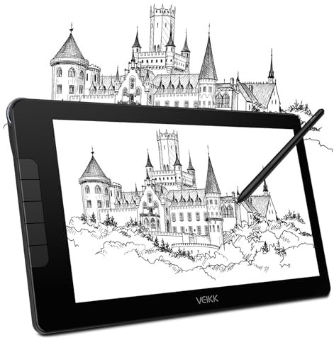 Grafiktablett mit Display mit 16384 Ebenen VEIKK Studio 16, 15,6 Zoll Drawing Tablet mit Display hatTilt-Funktion und 5 Drucktasten+1 Touch-Leiste,kompatibel mit Windows Mac-Ideal für Fernunterricht