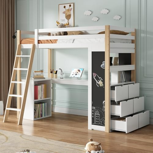 Idemon Cama alta para niños, cama infantil multifuncional, con escalera, escritorio, compartimento de almacenamiento, cajón grande, pizarra, estantería, blanco + natural, 90 x 200 cm