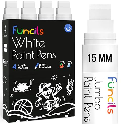 Funcils 4 Jumbo White Paint Pen - 15mm Wide Tip, Poster Markers for Wood, Rock Painting, Plastic, Glass, Metal, Walls, Fabric - Large Thick Permanent Acrylic Paint Markers for Signs, Board, Teachers
