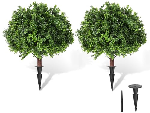 LadyRosian Artificial Boxwood Topiary Tree, 25 Inch 2 Set Outdoor Faux Boxwood Bush Plants,Indoor Ball Trees with Ground Spike, Fake Potted for Home Front Porch Decor Outside Garden