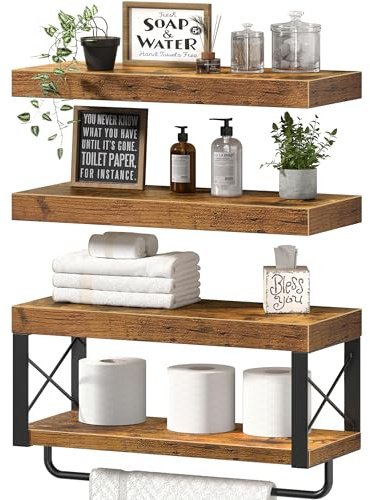 QEEIG Bathroom Shelves Over Toilet - Floating Shelf for Wall Toilet Paper Storage Farmhouse 16 inch Set of 3, Rustic Brown (029-40BN3)