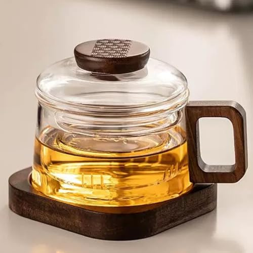 JanYoo Taza de té de vidrio con infusor y tapa, tazas de té de 200 ml con mango y platillo de madera para té de hojas sueltas, café en casa y oficina (transparente)